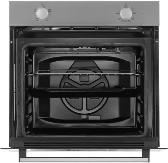 Beko BBIC12000XD встраиваемый духовой шкаф вид спереди с открытой дверцей и комплектом решёток