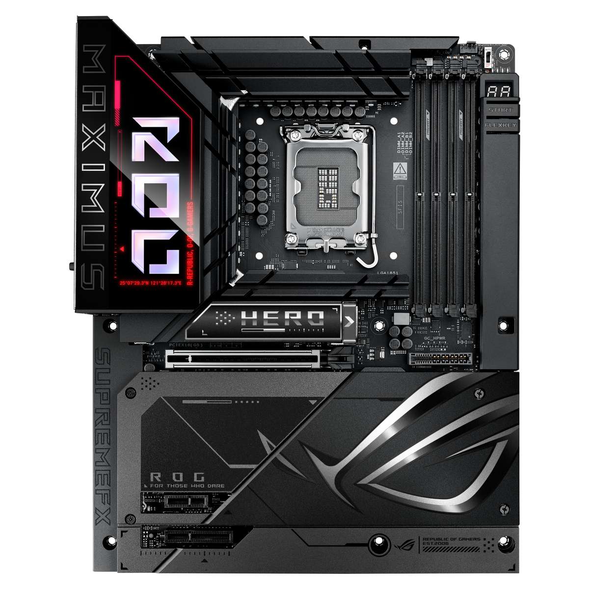 ASUS ROG Maximus Z890 Hero BTF вид сверху — сокет LGA 1851, радиаторы VRM и M.2, логотип ROG