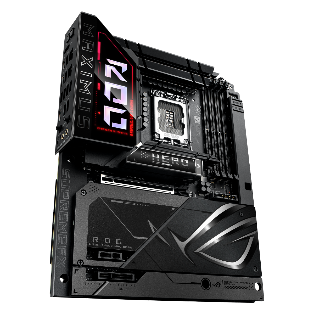 ASUS ROG Maximus Z890 Hero BTF вид в перспективе — компоновка платы, слоты расширения, радиаторы ROG