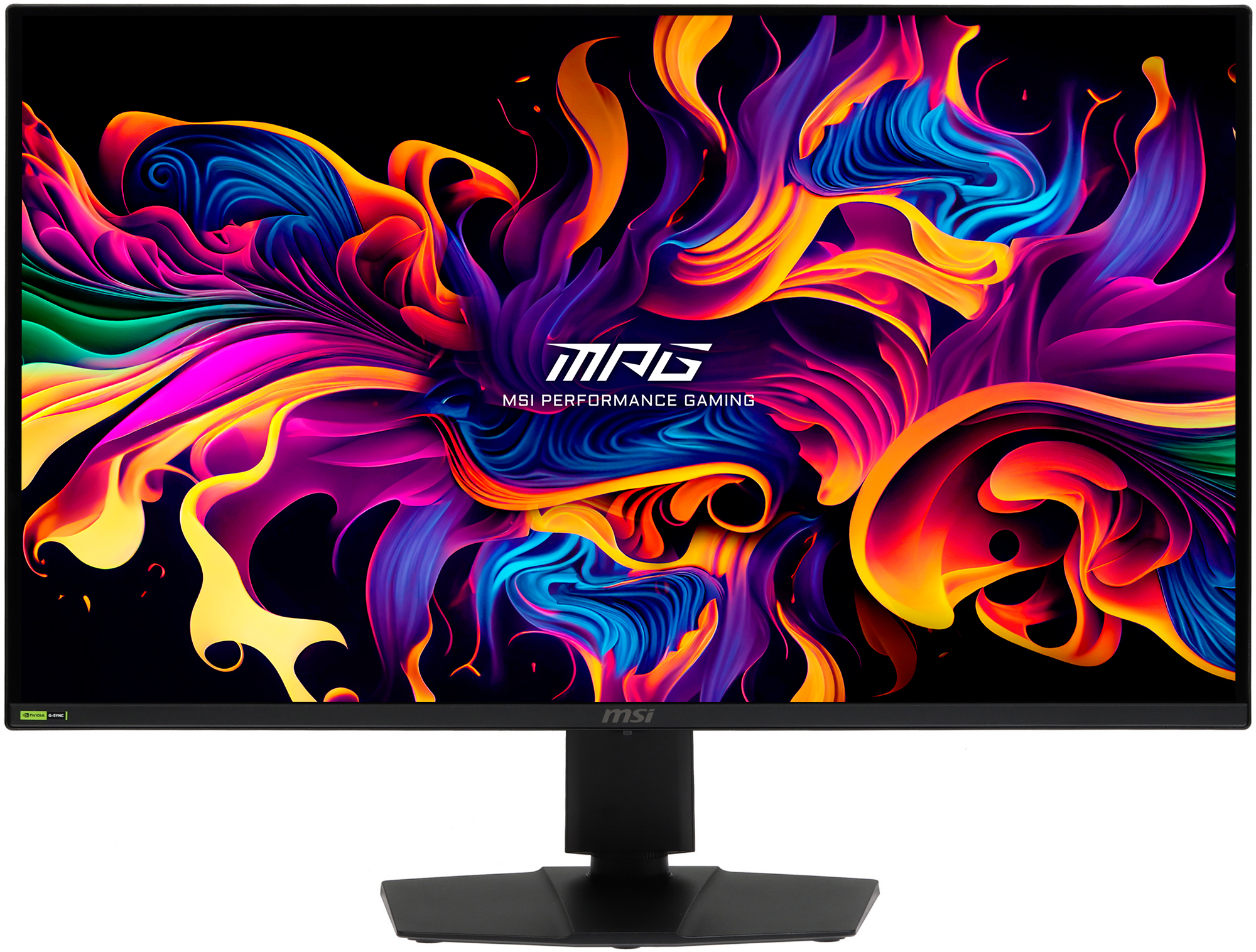 MSI MAG 322UP вид спереди на подставке с RGB-картинкой на экране