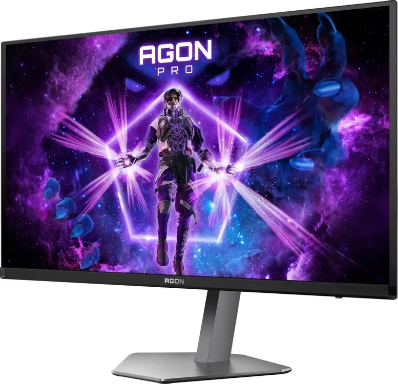 AOC AGON AG276QKD2 вид спереди — регулируемая подставка и QD-OLED экран с геймплейным контентом