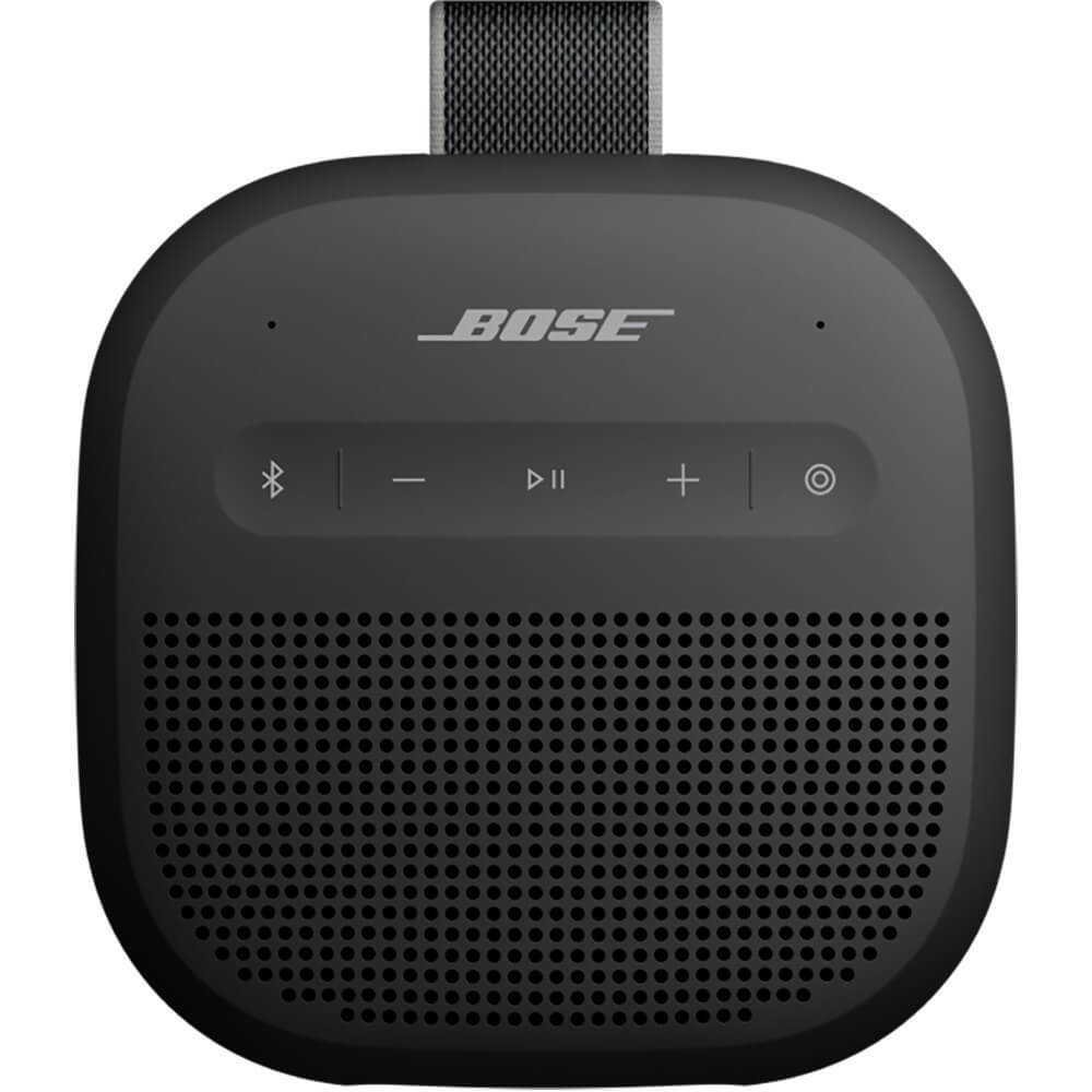 Bose SoundLink Micro 2nd Gen Twilight Black вид спереди — кнопки управления и ремешок для переноски