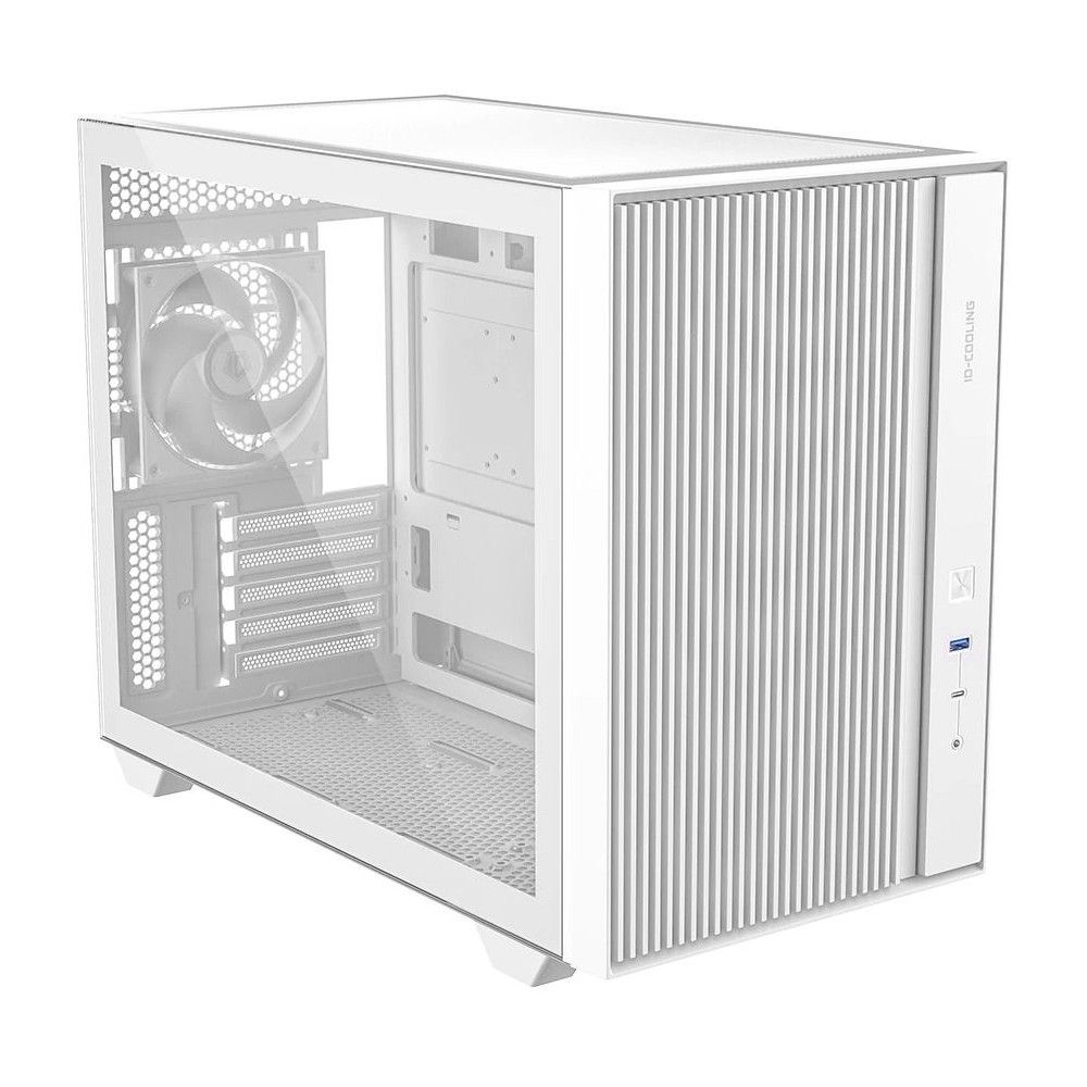 ID-Cooling FLOW 500 AIR WH угловой вид боковая панель закалённое стекло порты USB USB-C аудио ножки