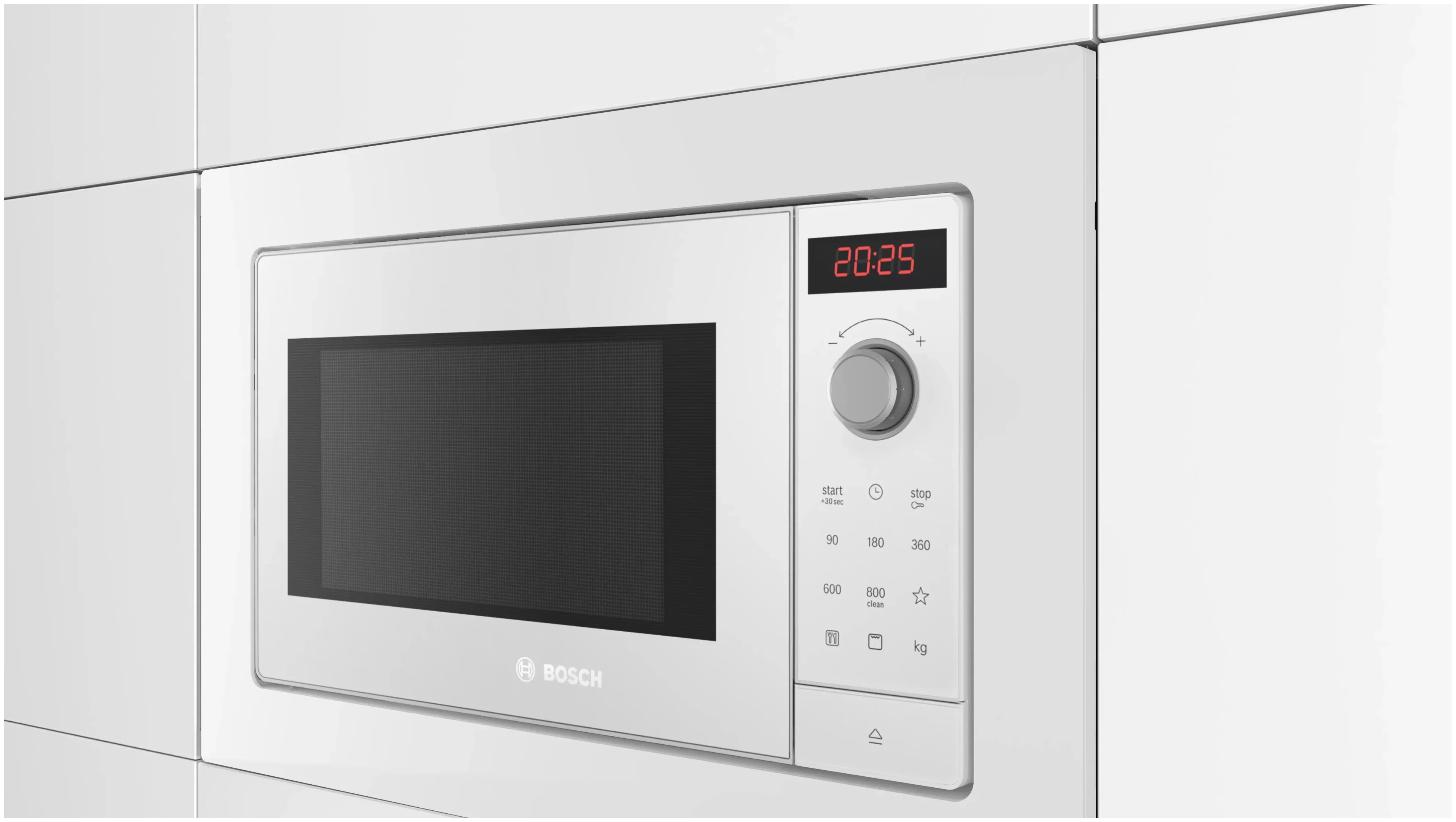 Bosch BEL653MW3 встраиваемая микроволновая печь вид спереди в установленном виде белый корпус