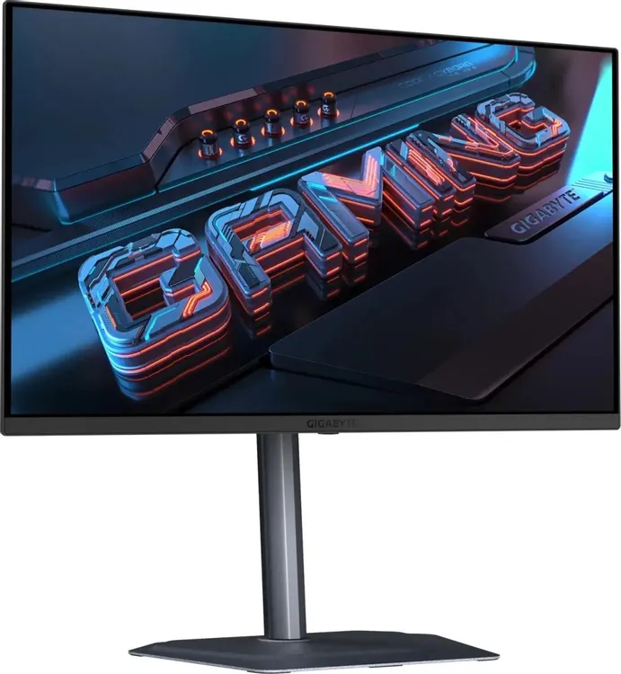 Gigabyte MO27U2 вид спереди QD-OLED монитор 27 дюймов с неоновой графикой на экране