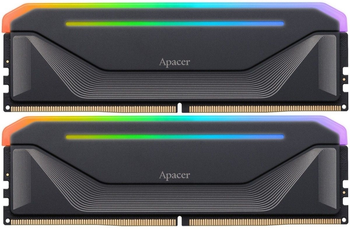 Apacer AH5U64G64C552NBAA-2 два модуля DDR5 64 ГБ с RGB-подсветкой вид спереди
