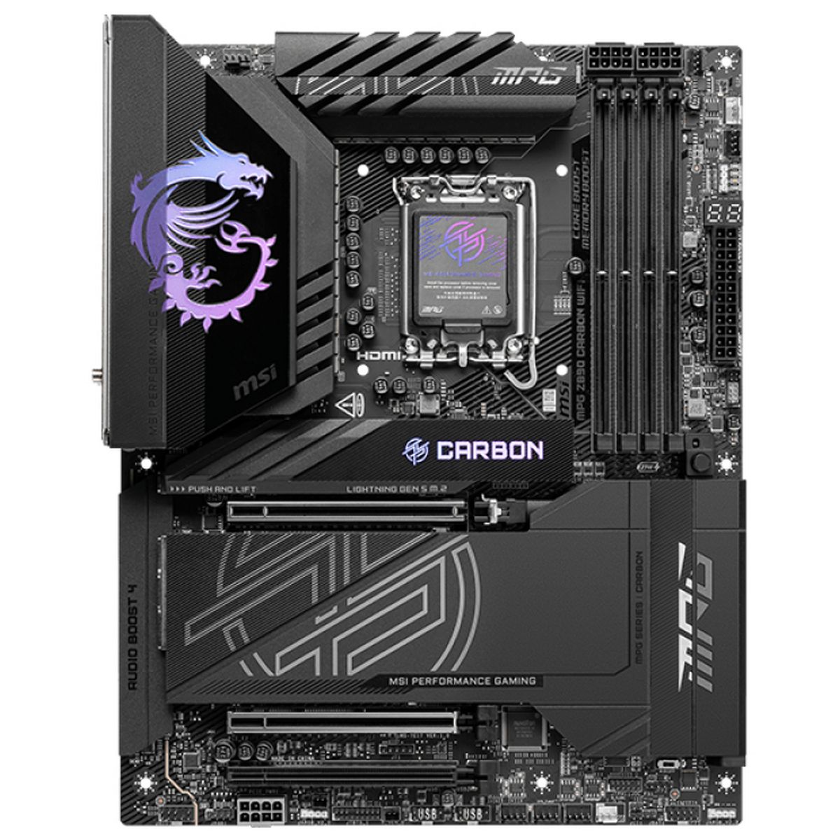 MSI MPG Z890 Carbon WiFi вид сверху — сокет LGA 1851, VRM-радиаторы, слоты DDR5
