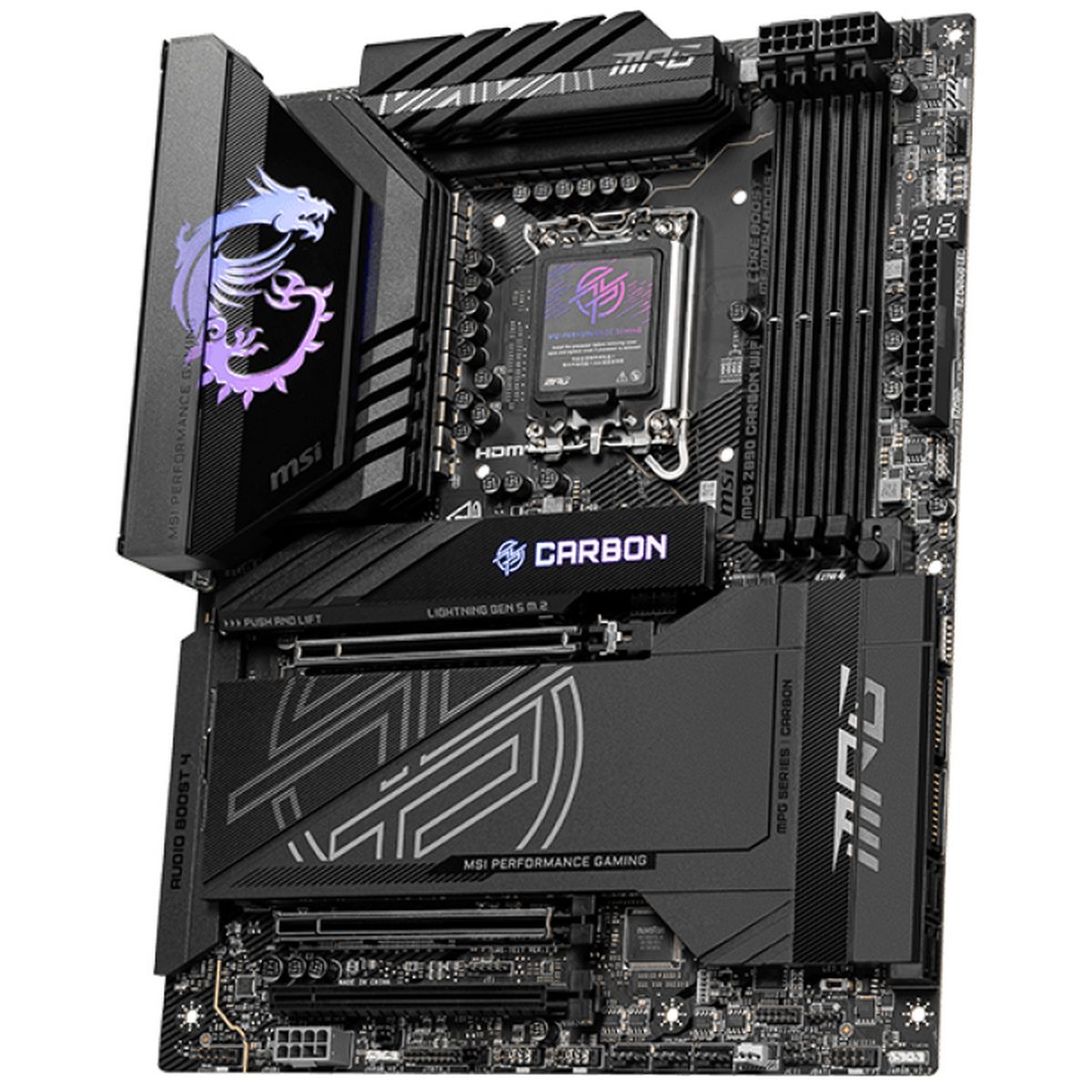 MSI MPG Z890 Carbon WiFi — слоты расширения PCIe, разъёмы M.2 и нижняя часть платы