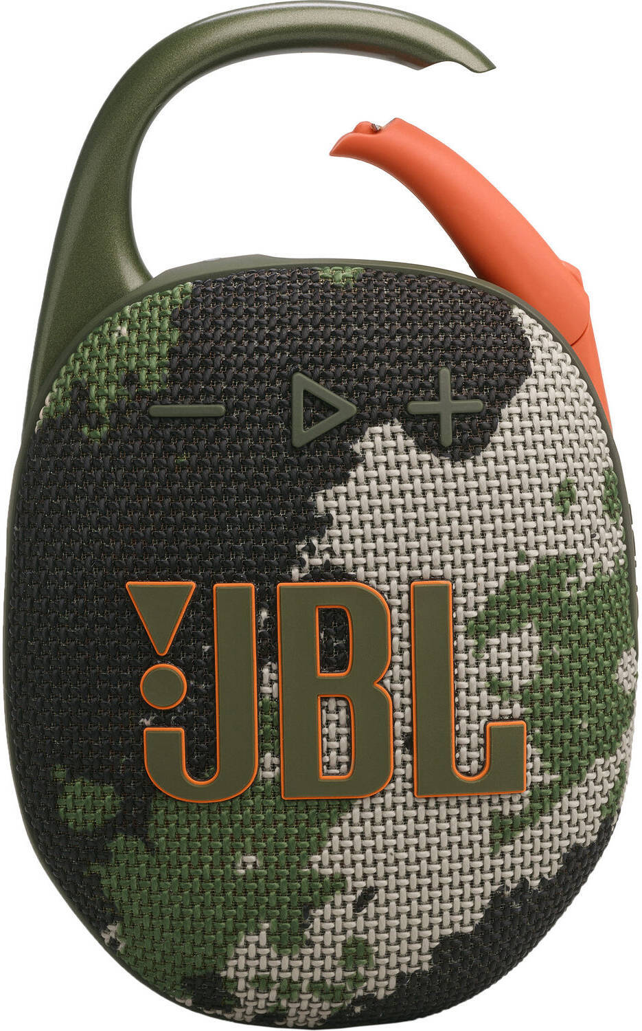 JBL Clip 5 Squad вид сверху — управляющие кнопки на корпусе и карабин