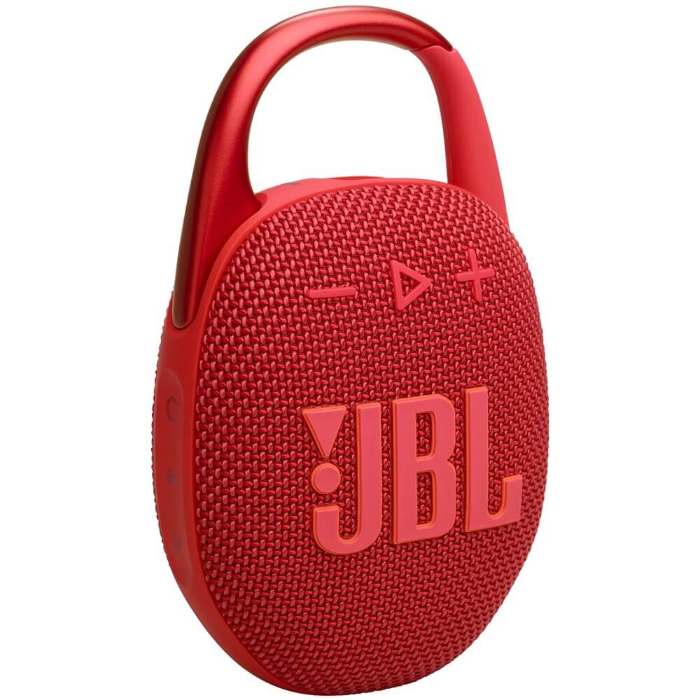 JBL Clip 5 красный боковой вид карабин и панель управления