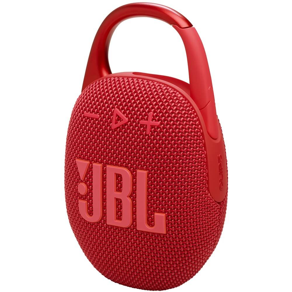 JBL Clip 5 красный вид под углом компактный корпус с карабином