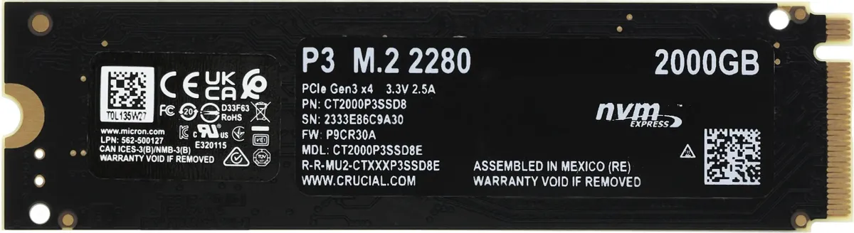 Crucial P3 CT2000P3SSD8 обратная сторона маркировка 2000GB PCIe Gen3 x4 M.2 2280 серийный номер