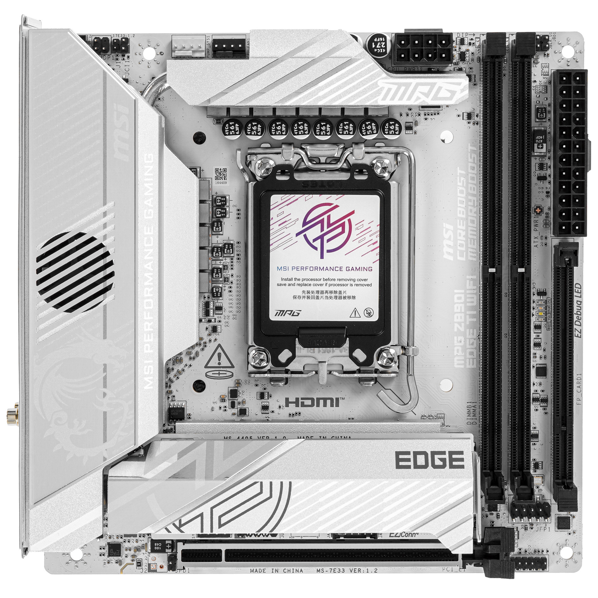 MSI MPG Z890I Edge Ti WiFi mATX вид сверху — сокет LGA 1851, слоты DDR5, радиаторы VRM