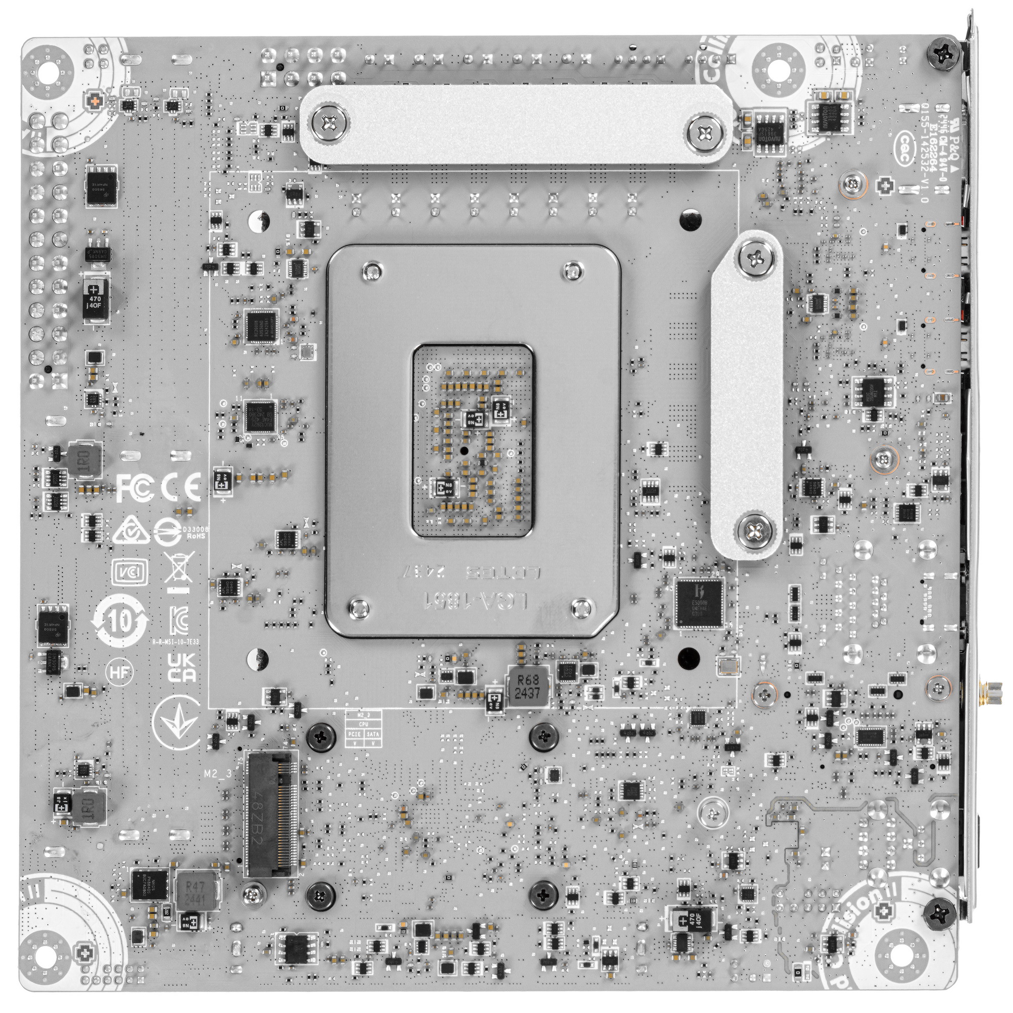 MSI MPG Z890I Edge Ti WiFi — вид сверху без корпуса, слоты M.2, сокет LGA 1851, разъёмы питания