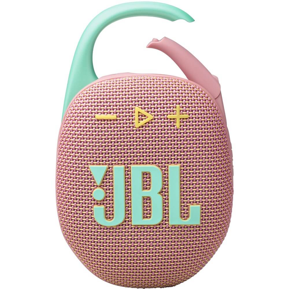 JBL Clip 5 Pink вид спереди розовый корпус мятная ручка-карабин