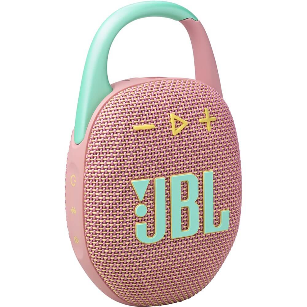 JBL Clip 5 Pink вид сбоку мятная ручка-карабин панель управления боковой профиль