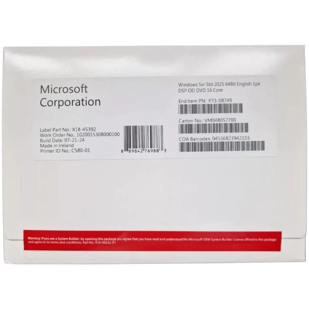 Microsoft Windows Server Standard 2025 OEM физическая упаковка DVD наклейка подлинности