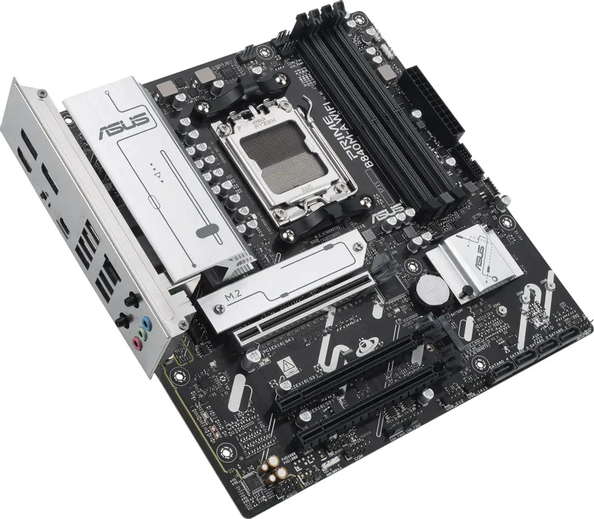 ASUS Prime B840M-A WiFi материнская плата mATX AM5 — сокет, слоты DDR5 и разъёмы M.2 вид сверху