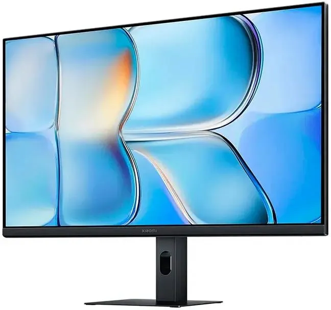 Xiaomi Monitor A27i 2026 вид спереди на подставке экран включён с голубым дизайном