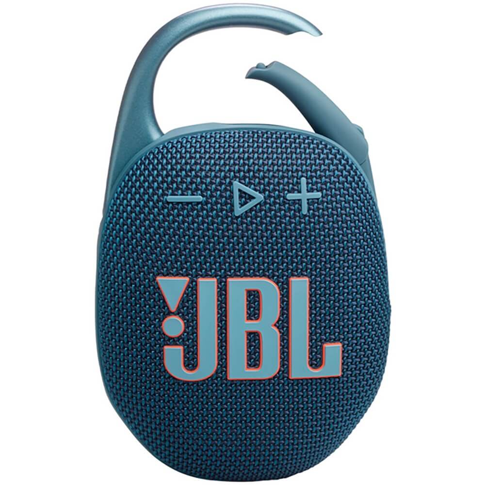 JBL Clip 5 Blue портативная Bluetooth-колонка с карабином, вид спереди, голубой цвет