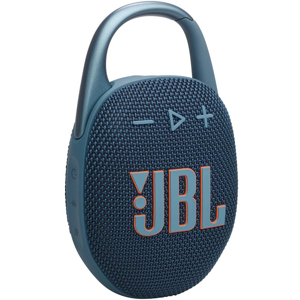 JBL Clip 5 Blue вид сбоку — компактный корпус с карабином для крепления