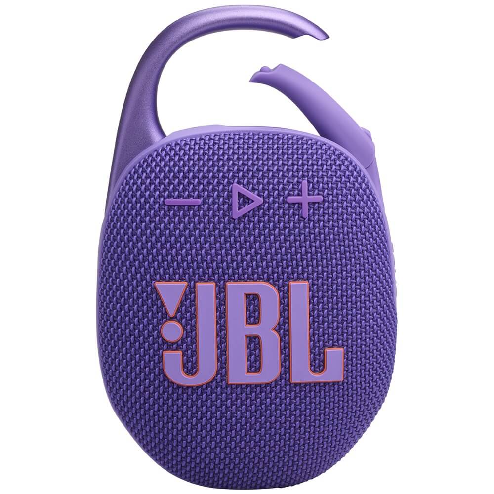 JBL Clip 5 Purple вид спереди &mdash; фиолетовый корпус, логотип JBL, кнопки управления