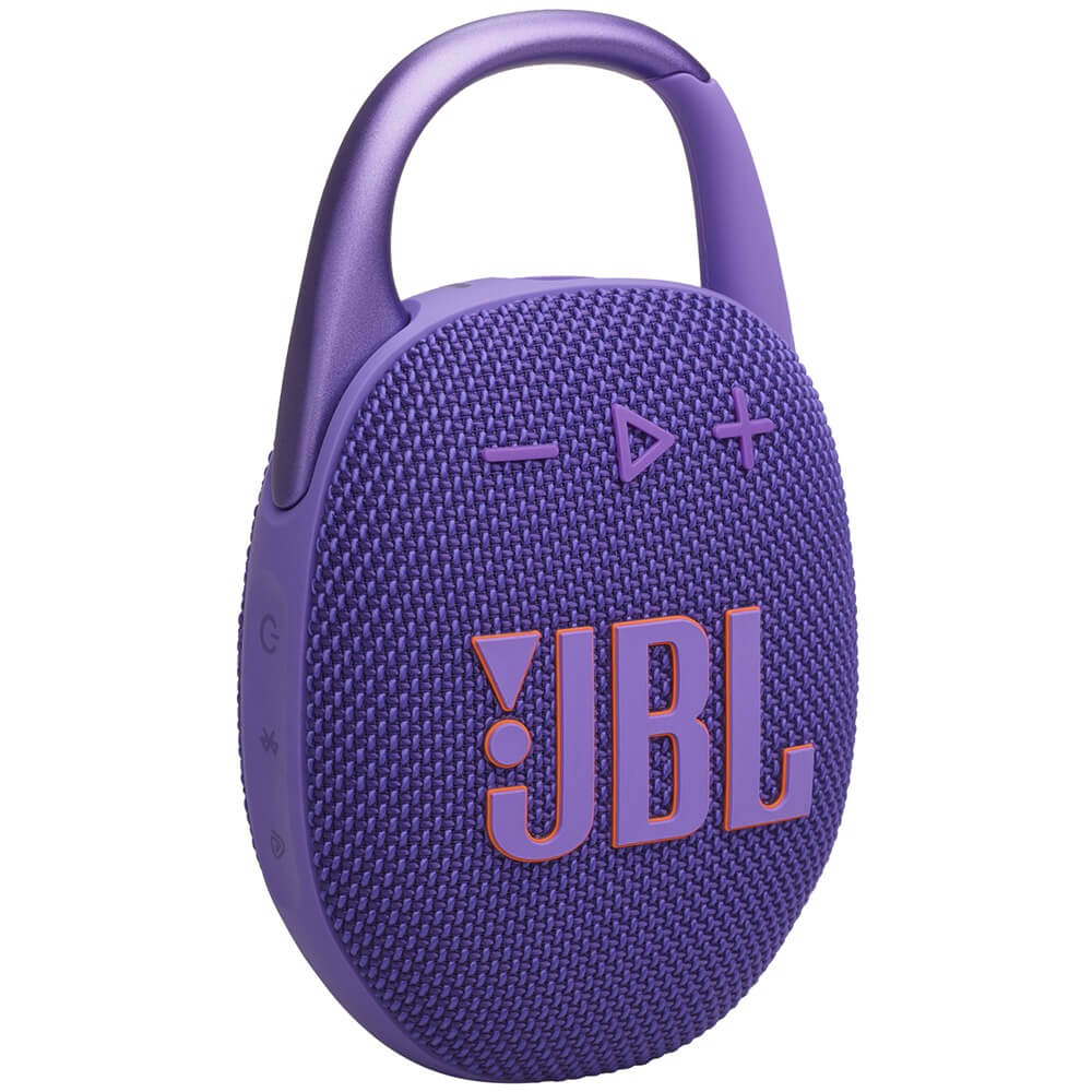 JBL Clip 5 Purple боковой вид &mdash; карабин для крепления, тканевое покрытие, кнопки управления