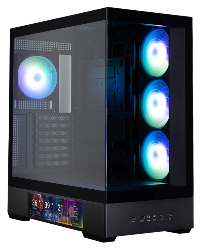 Zalman P40 DS вид спереди — три ARGB-вентилятора, встроенный ЖК-дисплей на передней панели