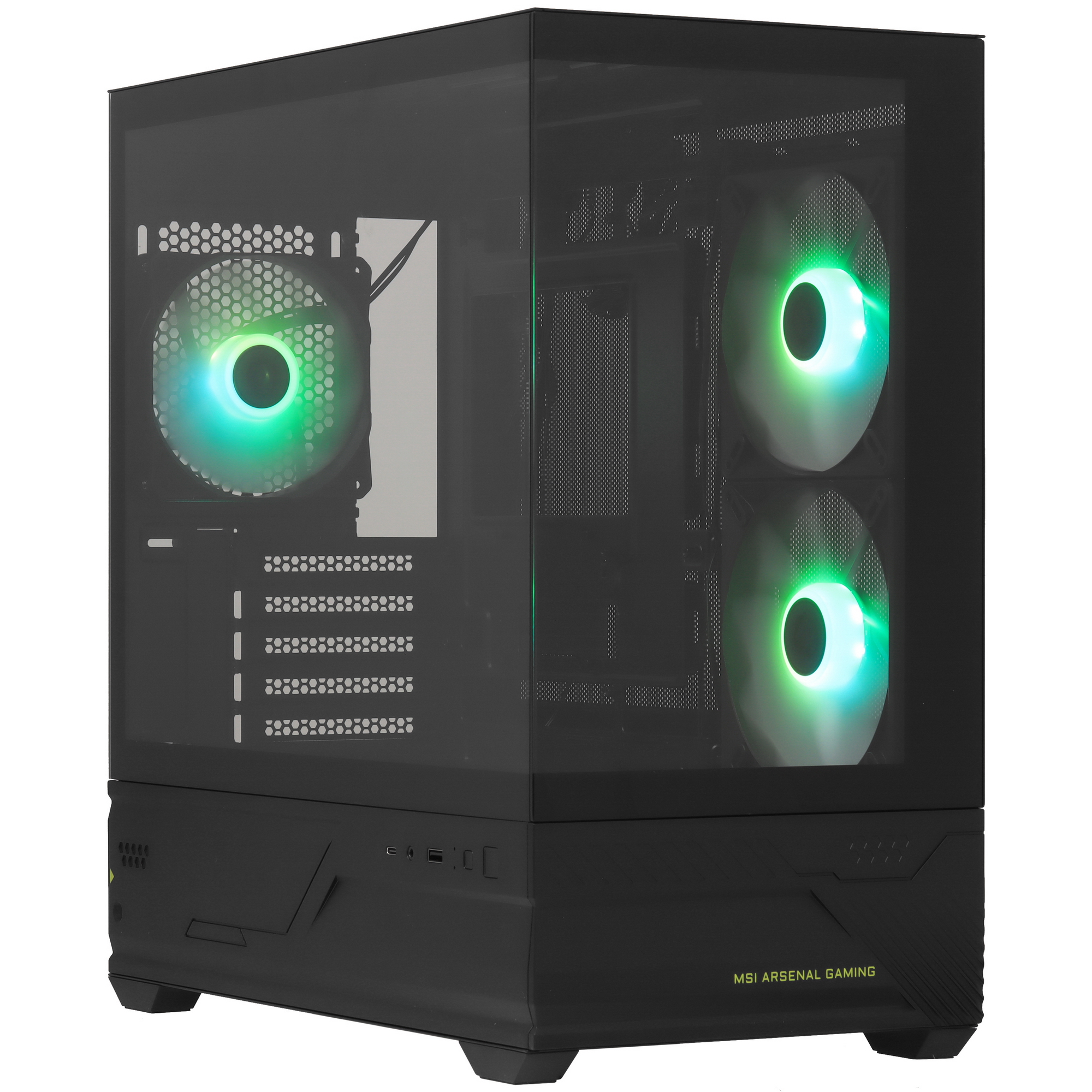 MSI MAG PANO M110R корпус Mid-Tower общий вид спереди с ARGB-вентиляторами и панорамным стеклом