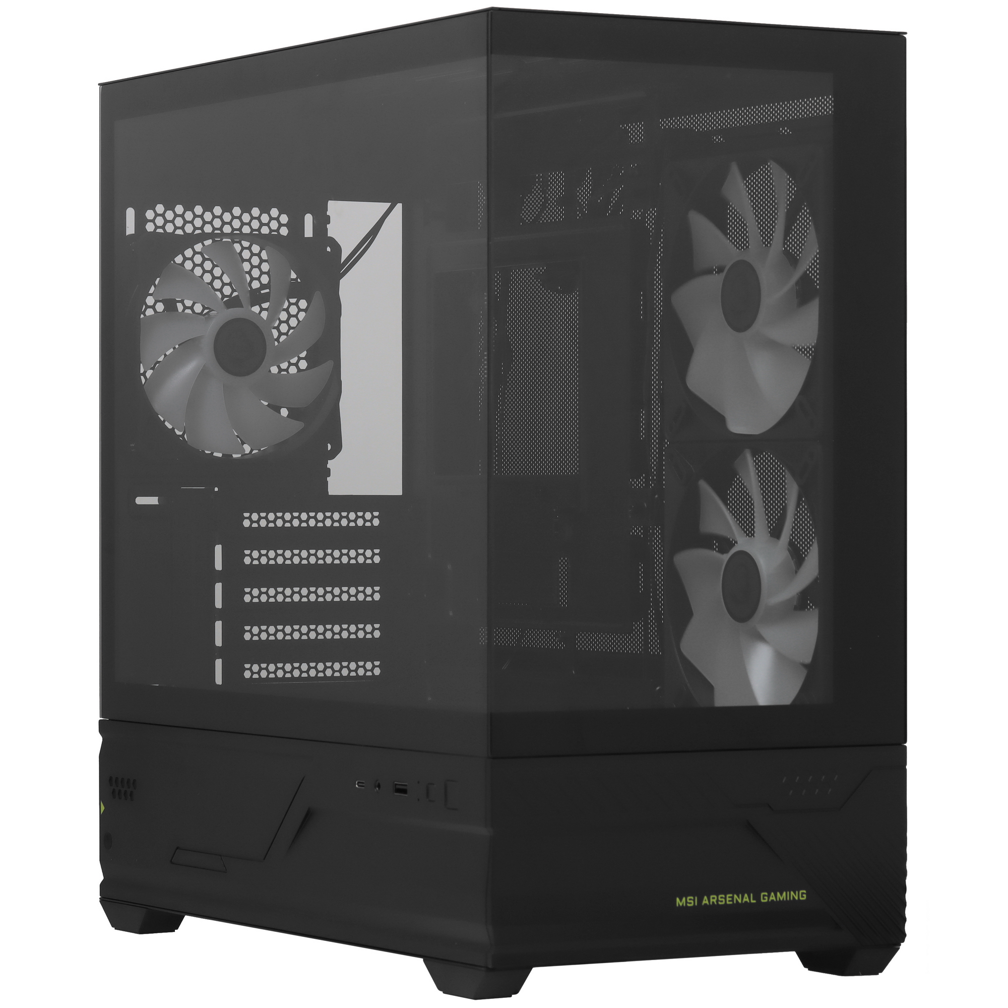 MSI MAG PANO M110R вид без подсветки — два вентилятора на передней панели, закалённое стекло, общая конструкция