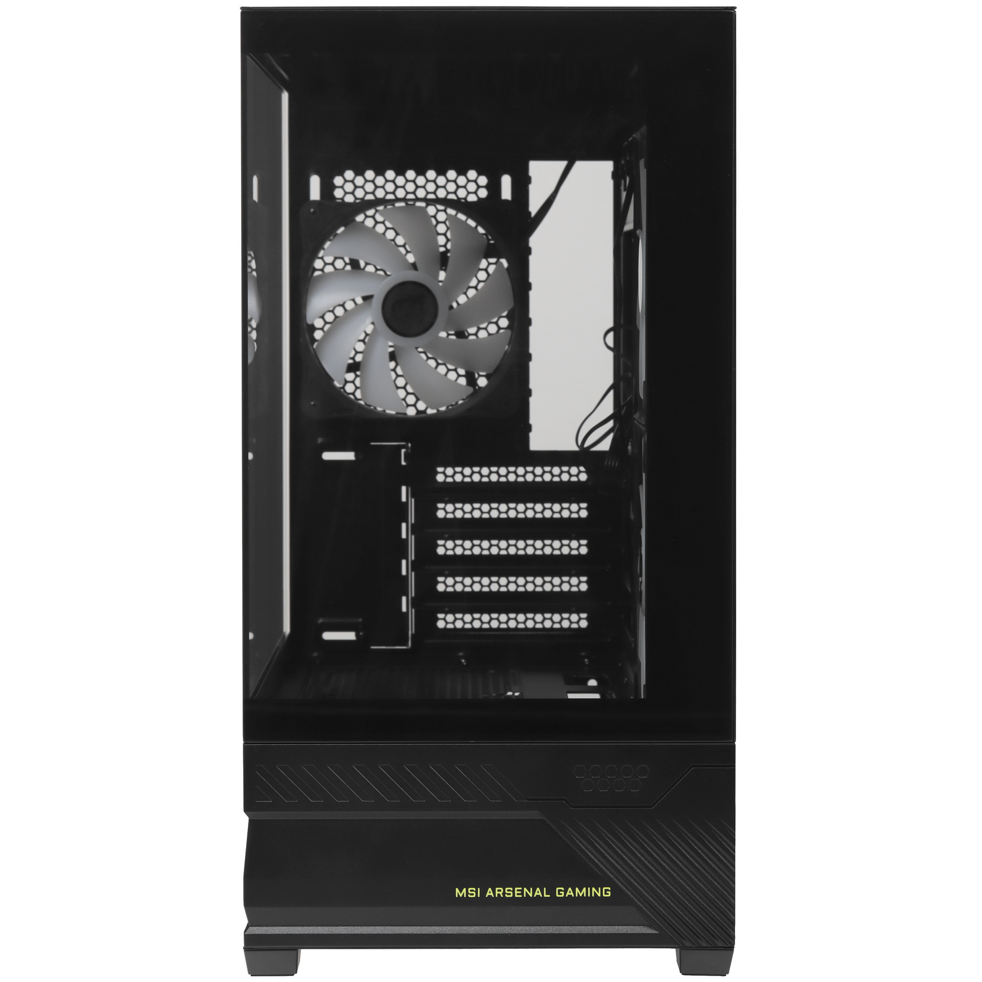 MSI MAG PANO M110R внутреннее пространство с открытой боковой панелью, вентилятор, кабельная разводка и отсеки компонентов