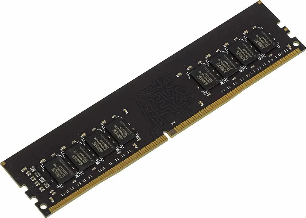 AMD Radeon R7 Performance DDR4 16 ГБ 2666 МГц — микросхемы памяти и золотые контакты модуля DIMM