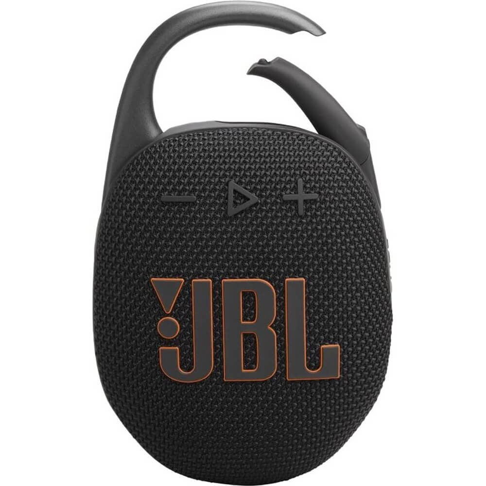 JBL Clip 5 Black вид спереди &mdash; овальный корпус с тканевым покрытием, оранжевый логотип JBL и карабин