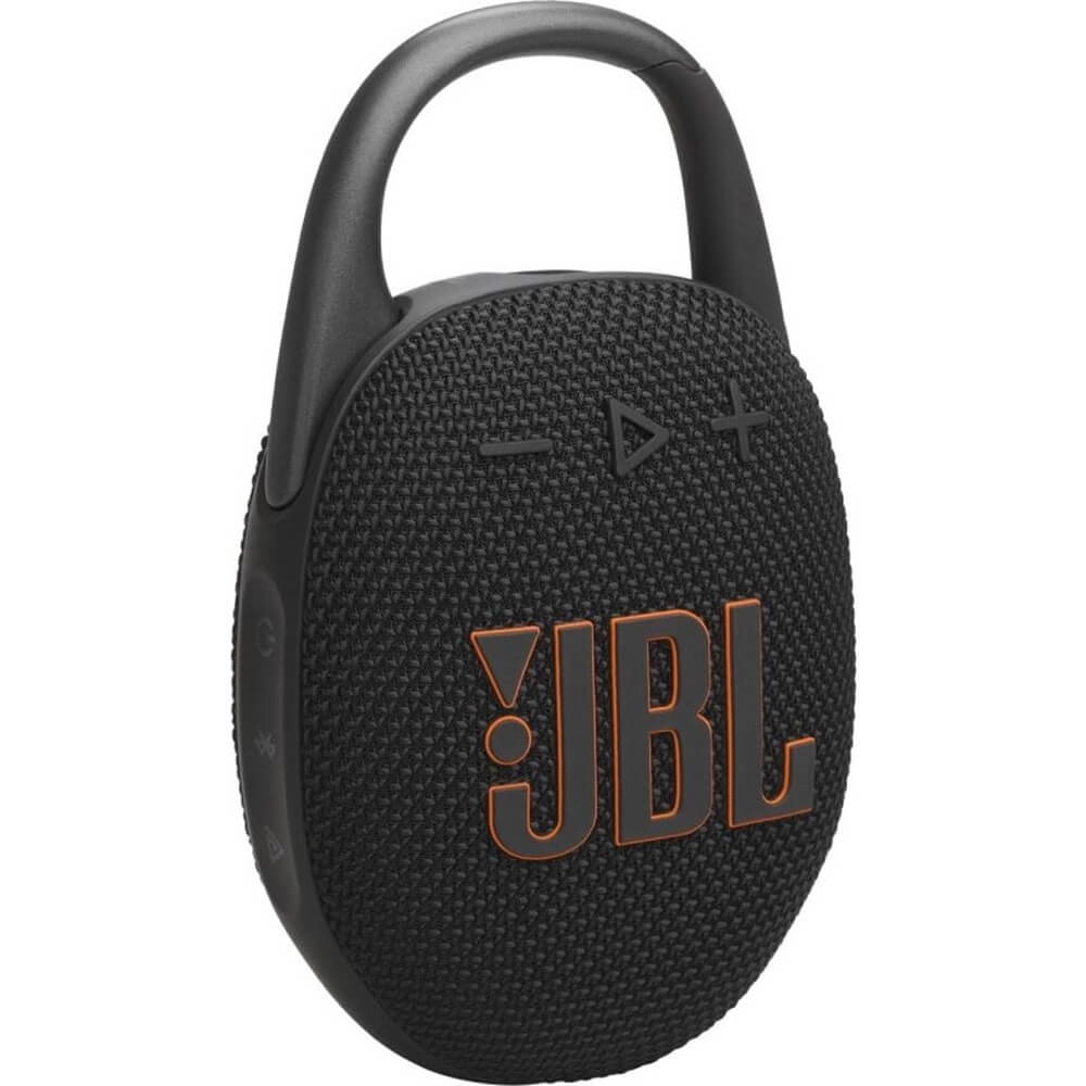 JBL Clip 5 боковой вид &mdash; карабин для переноски и тканевое покрытие корпуса