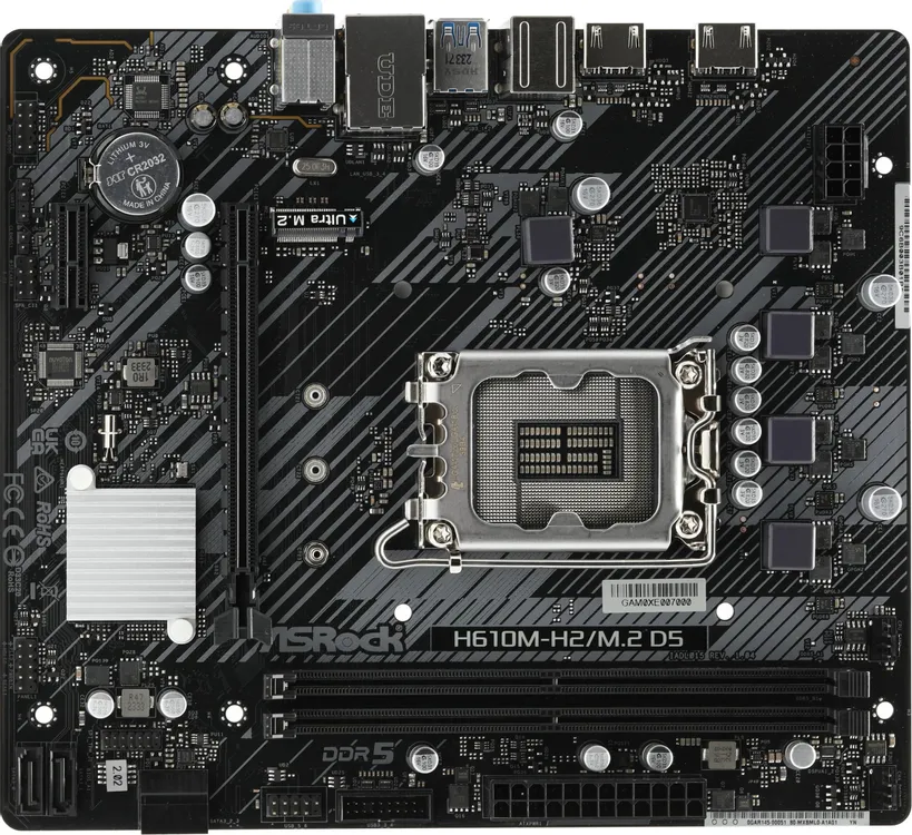 ASRock H610M-H2/M.2 D5 вид сверху — сокет LGA 1700, слоты DDR5, разъёмы SATA