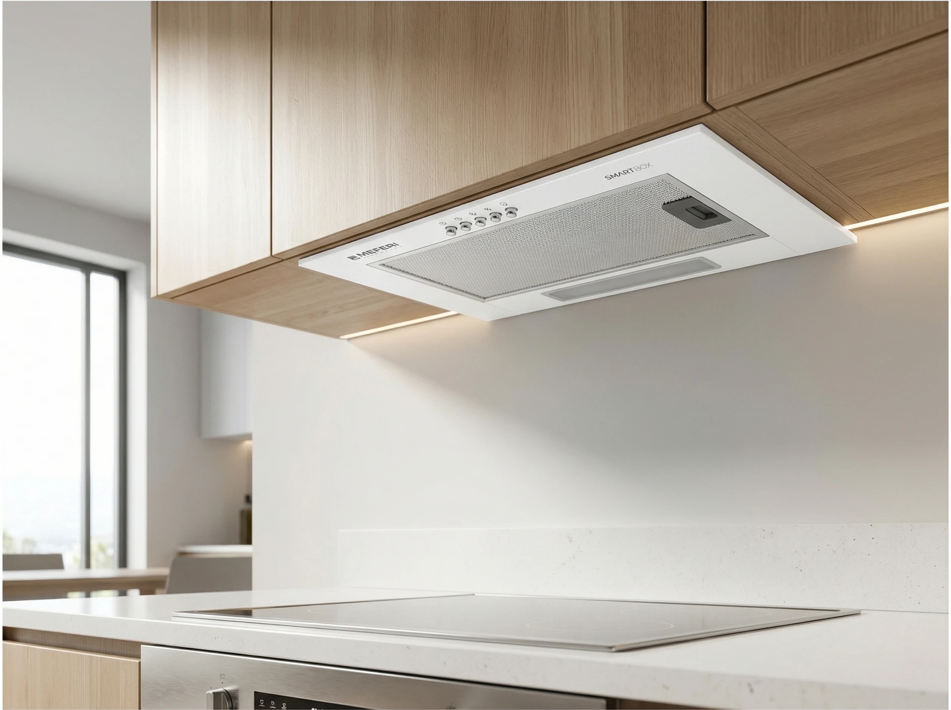 Meferi Light SmartBox60WH встроенная в кухонный гарнитур вытяжка в интерьере кухни