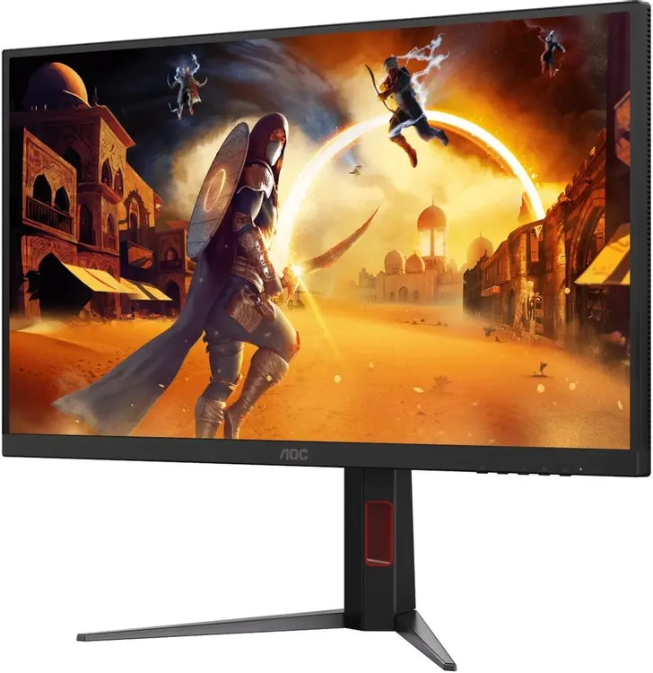 AOC Q27G4ZMN боковой профиль слева &mdash; тонкий корпус и подставка с красными акцентами