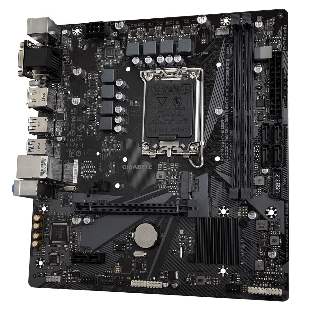 Gigabyte H610M S2H V2 DDR4 вид сверху — сокет LGA 1700, слоты DDR4, разъёмы питания и PCIe