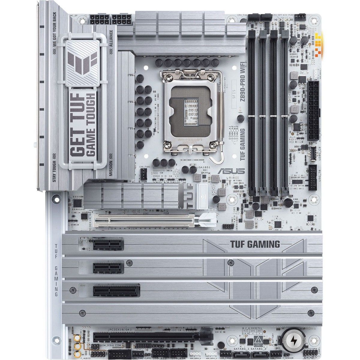 ASUS TUF Gaming Z890-Pro WiFi — вид сверху: сокет LGA 1851, слоты DDR5, M.2 и PCIe 5.0