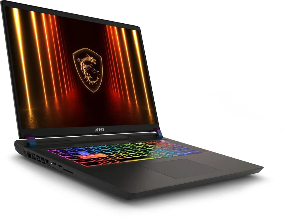 MSI Vector 17 HX AI A2XWJG-099XRU игровой ноутбук вид спереди-сбоку RGB-подсветка клавиатуры