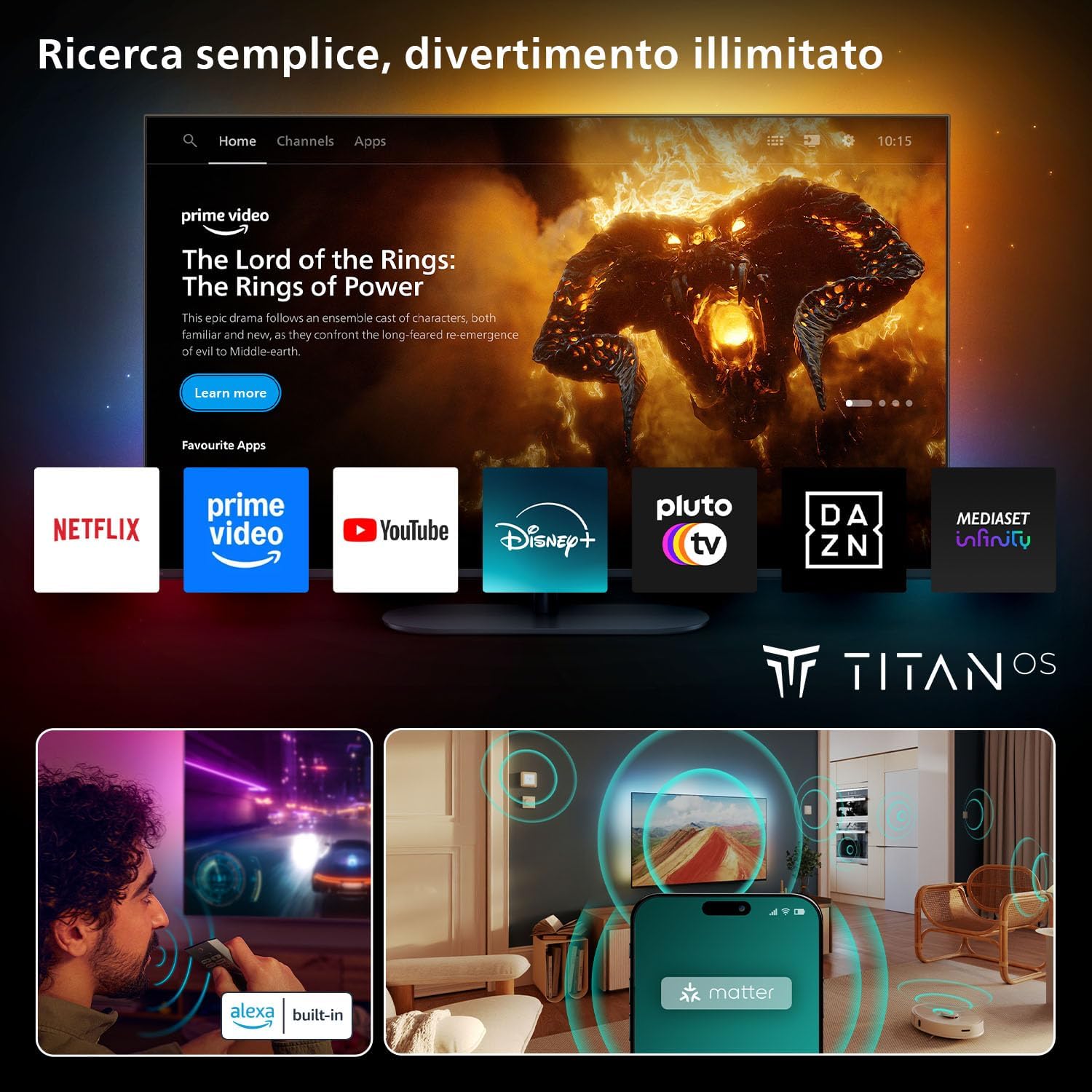 Philips 55OLED770 Smart TV интерфейс TITAN OS &mdash; Prime Video, Netflix, YouTube, Disney+, Pluto TV на главном экране