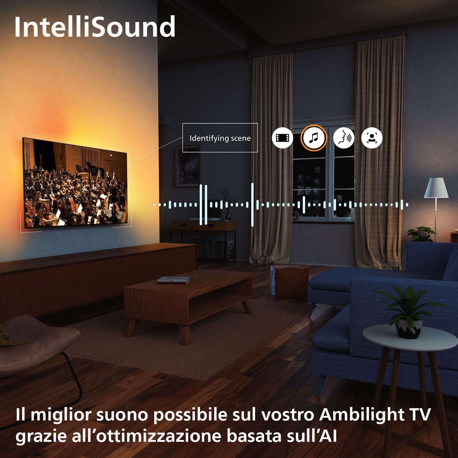 Philips 55OLED770 IntelliSound система &mdash; режимы звука фильм, музыка, голос, люди в гостиной