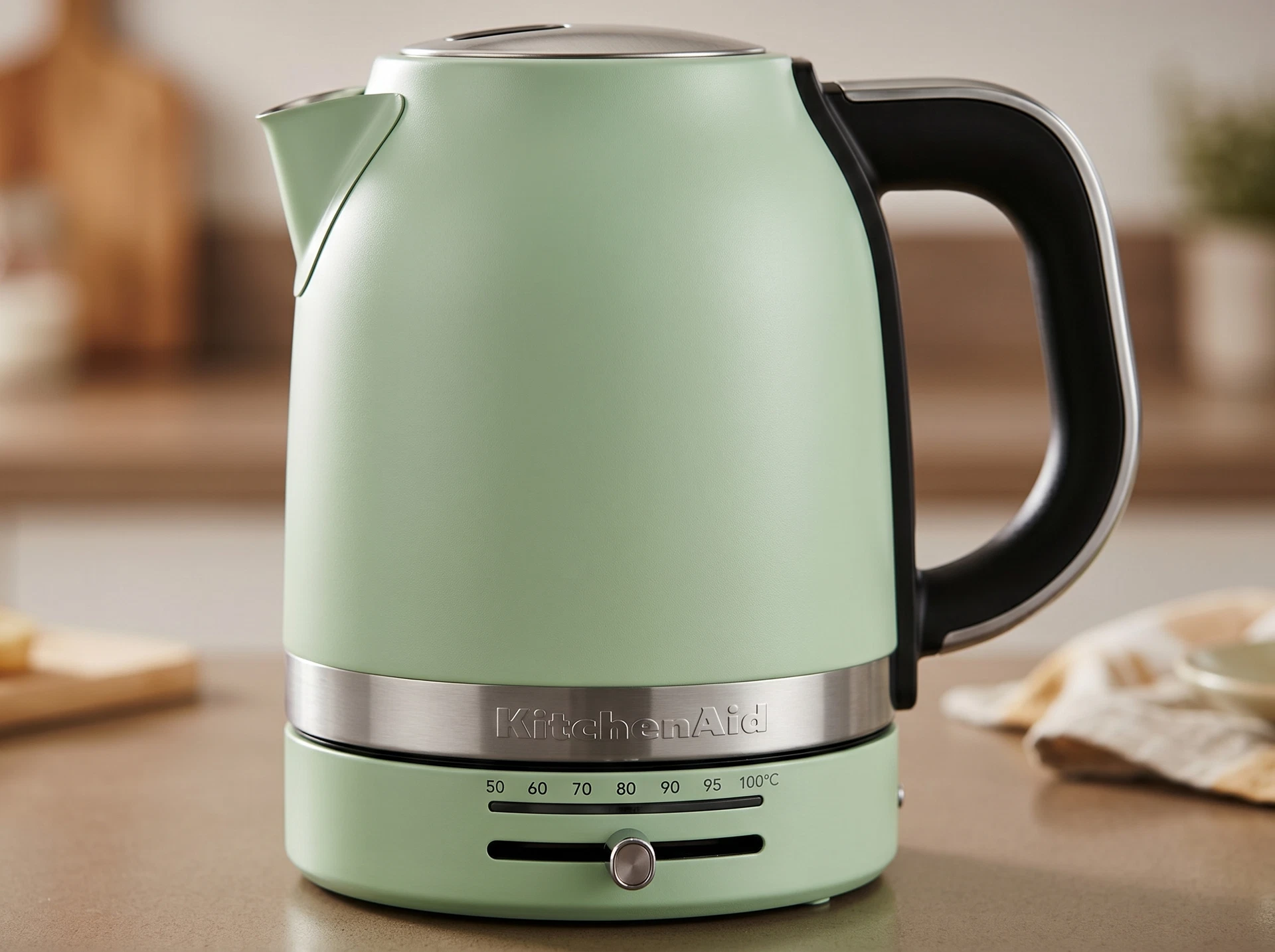 KitchenAid 5KEK1701EPT фисташковый — детали корпуса, чёрная ручка, округлый силуэт