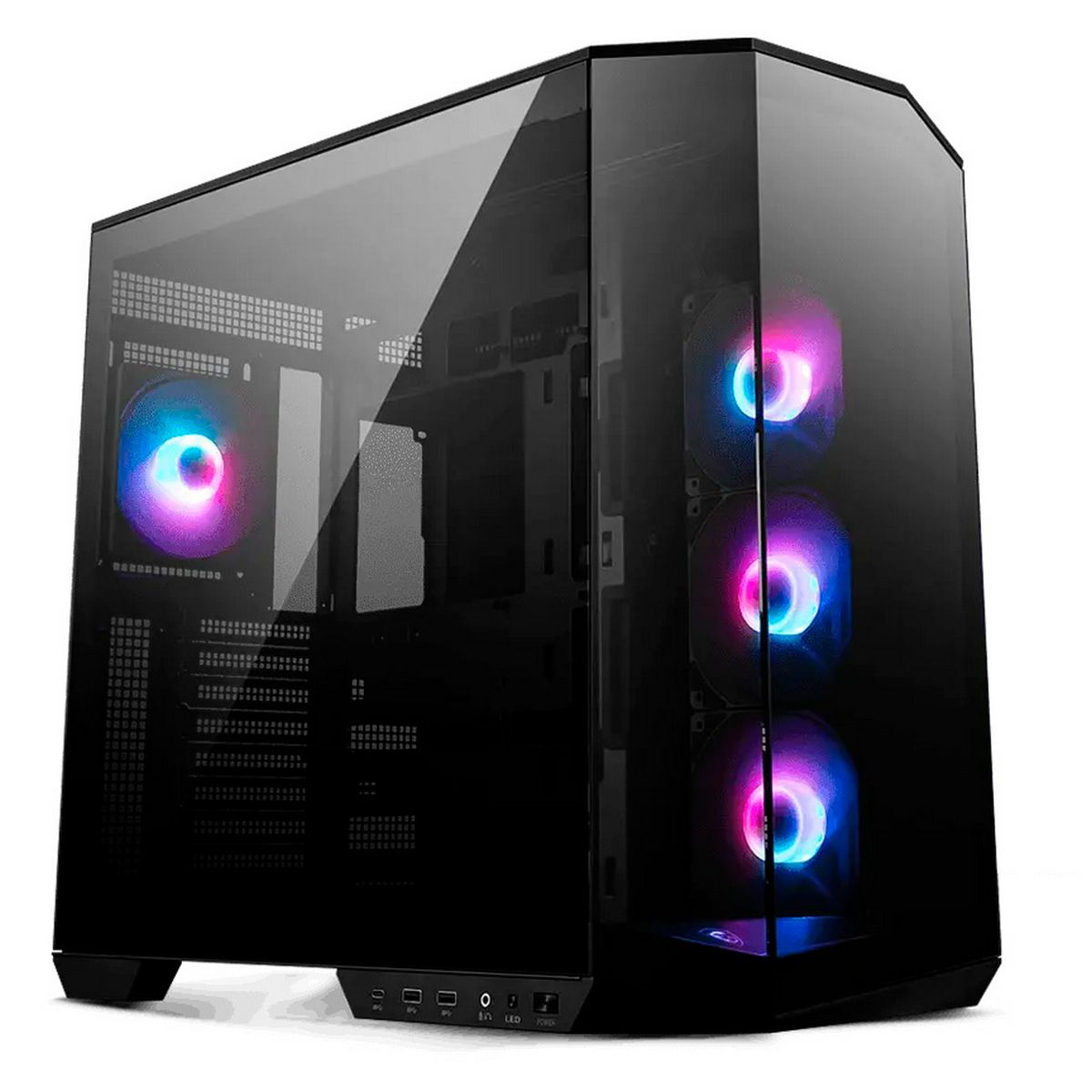 MSI MAG PANO 100R PZ угловой вид с ARGB-подсветкой синего и розового цветов