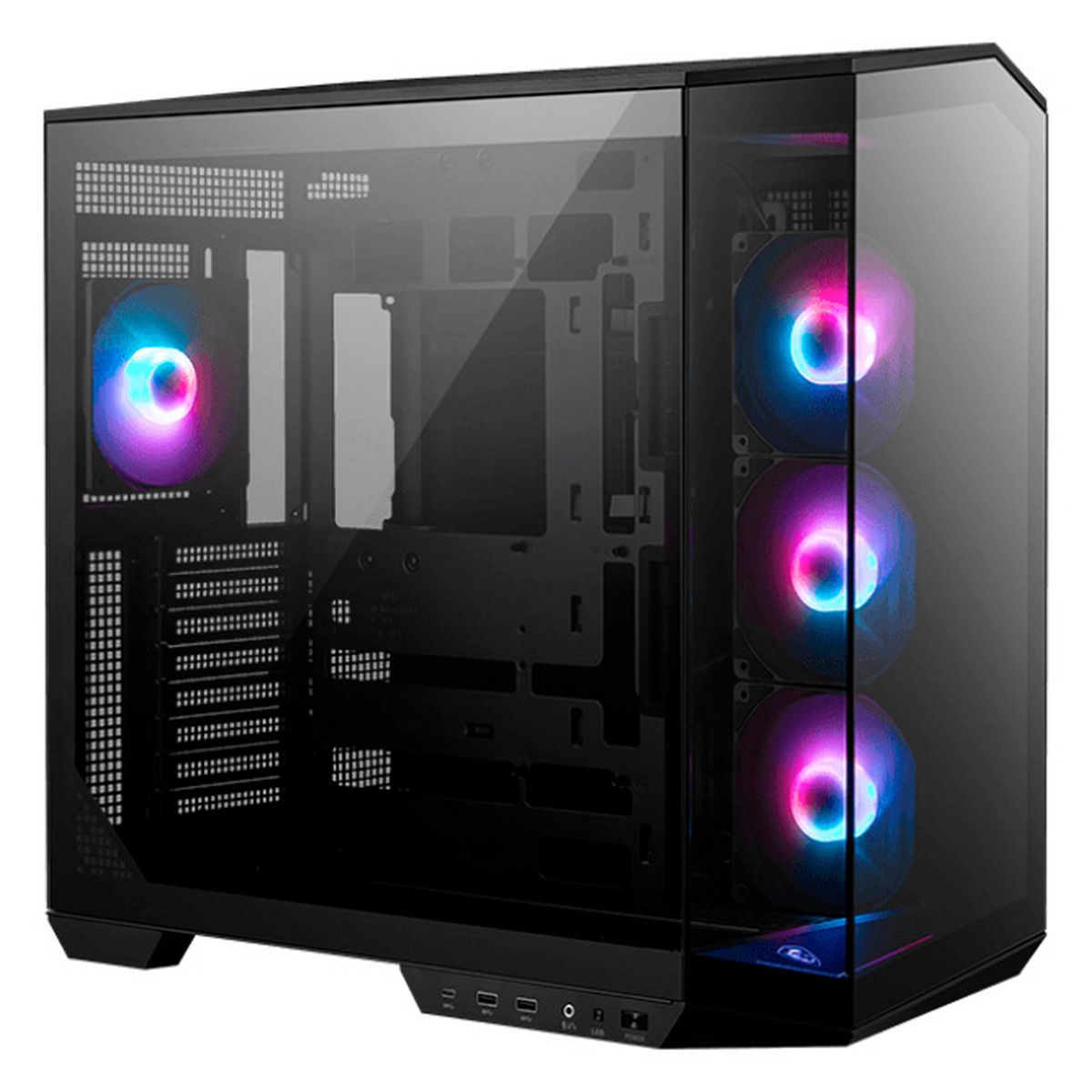 MSI MAG PANO 100R PZ вид сбоку с открытой панелью и тремя ARGB-вентиляторами