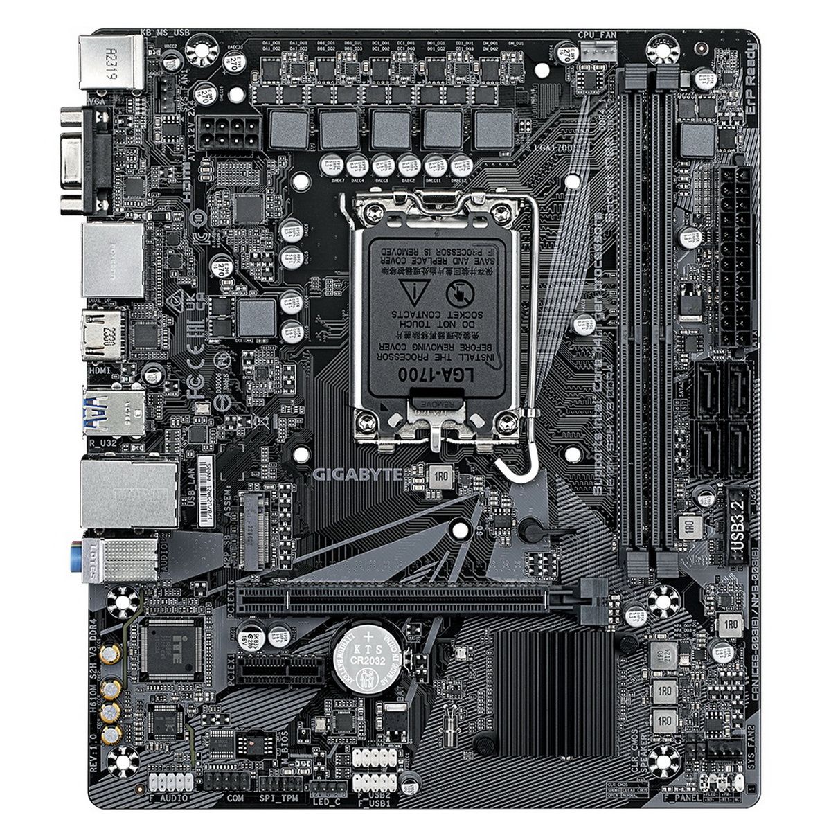 Gigabyte H610M S2H V3 DDR4 вид сверху — сокет LGA 1700, слоты DDR4, разъёмы питания и USB