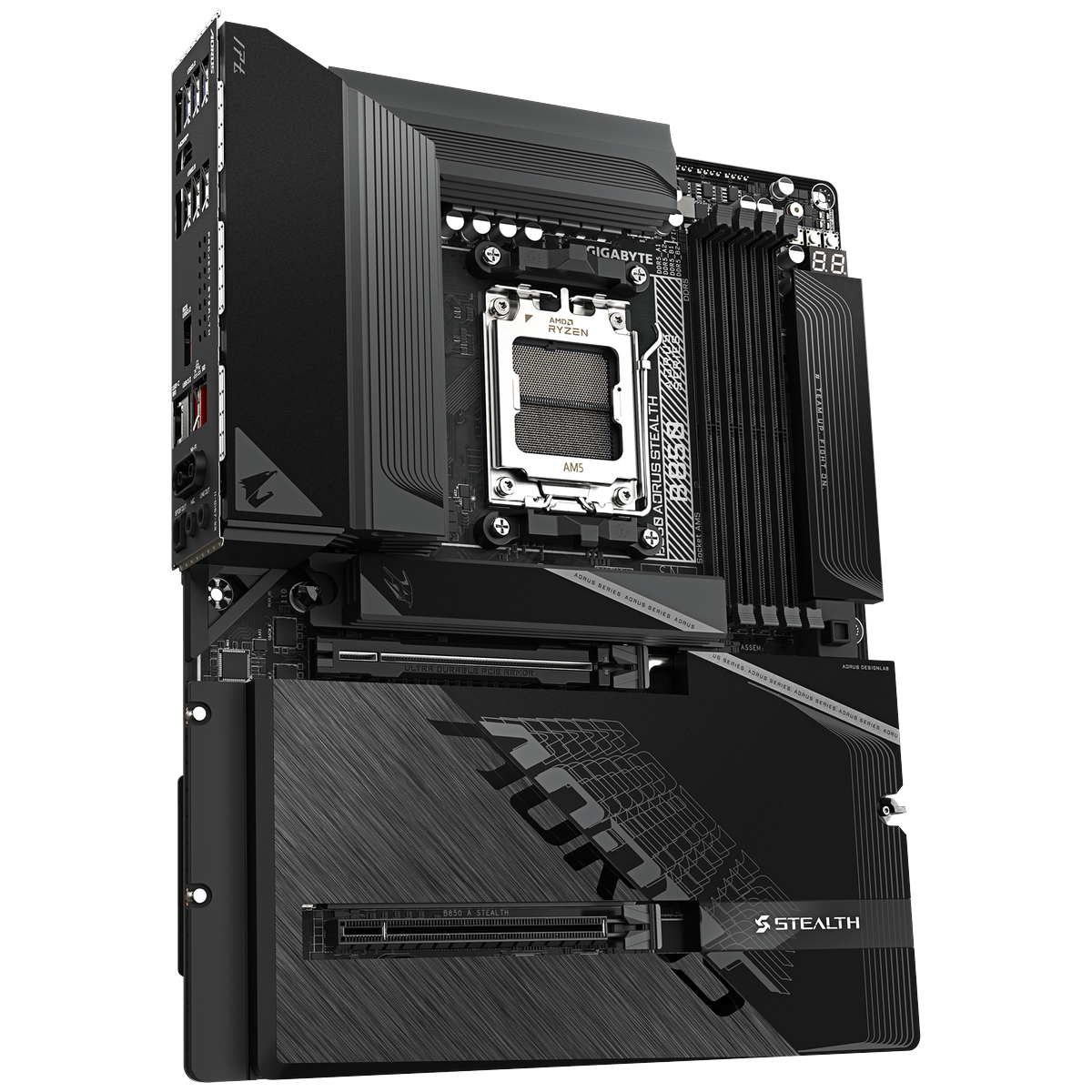 Gigabyte B850 Aorus Stealth материнская плата AM5 общий вид с процессором AMD Ryzen