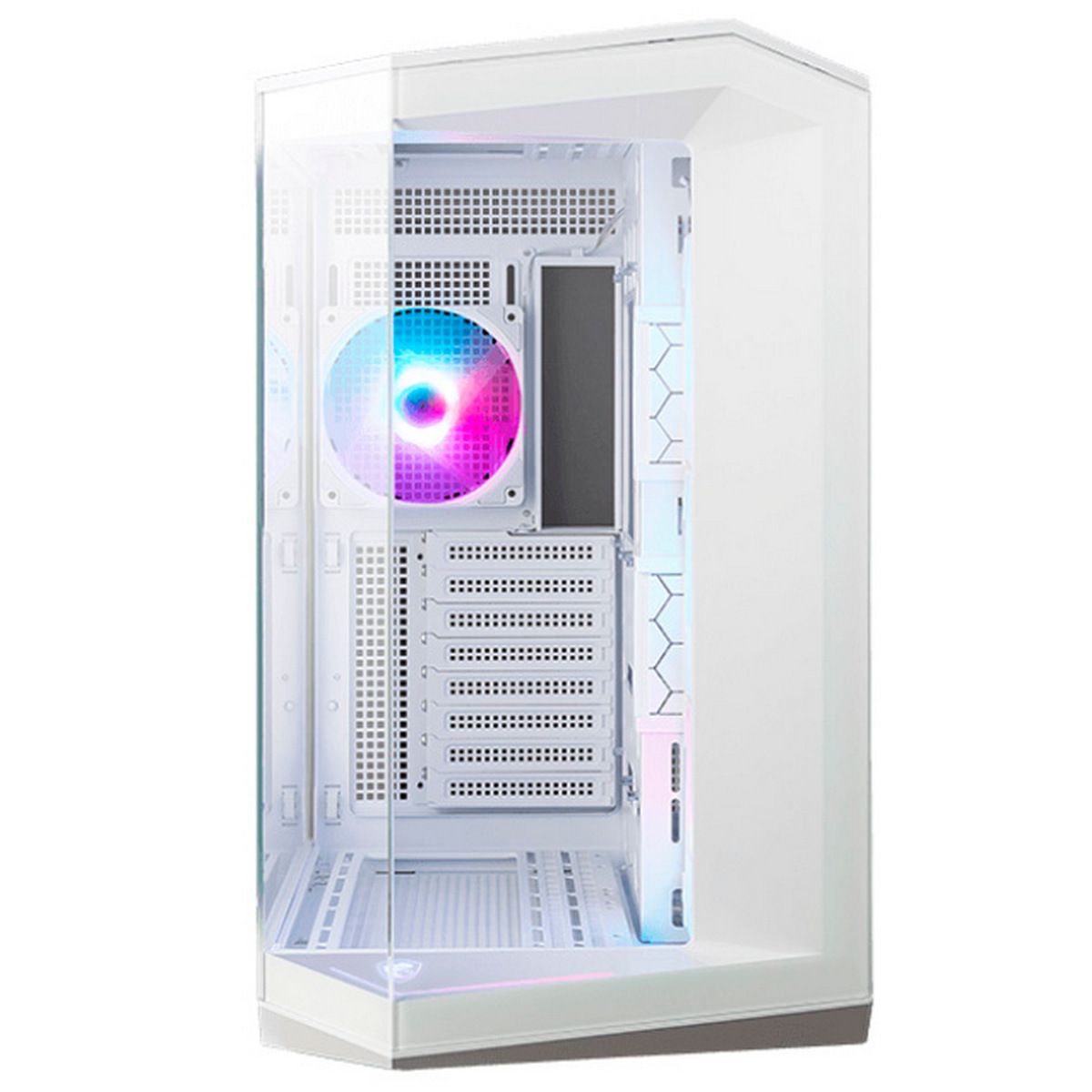MSI MAG PANO 100R PZ фронтальный вид открытая дверца внутренняя конструкция порты боковой панели
