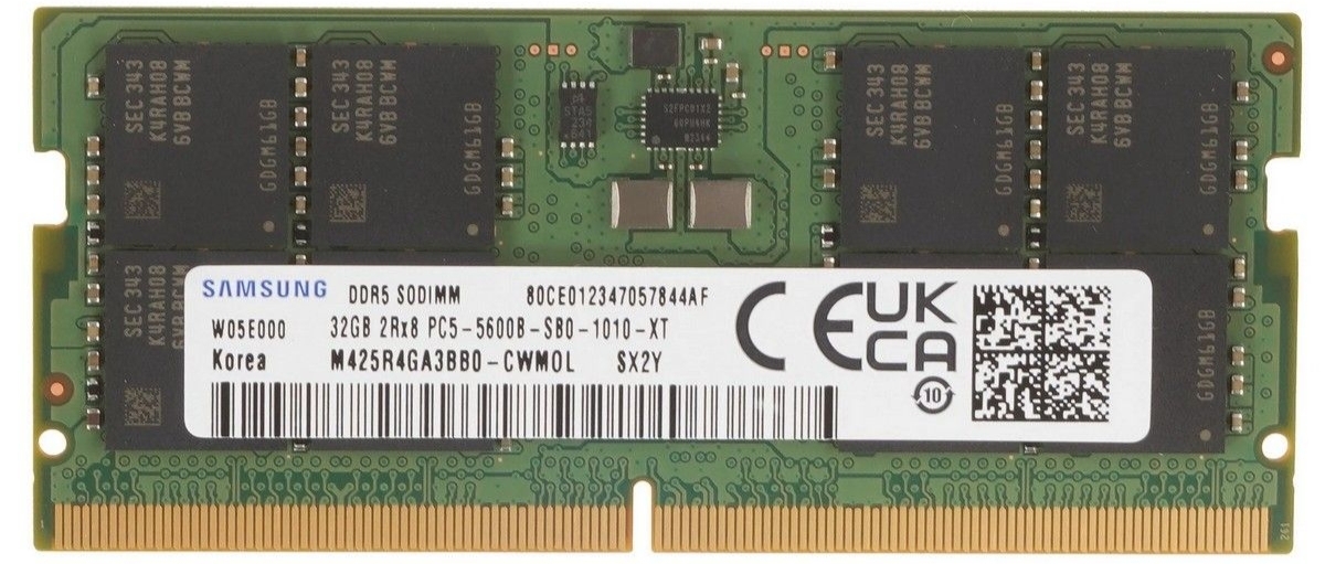 Samsung M425R4GA3BB0-CWMOL DDR5 32GB SODIMM модуль вид спереди с характеристиками