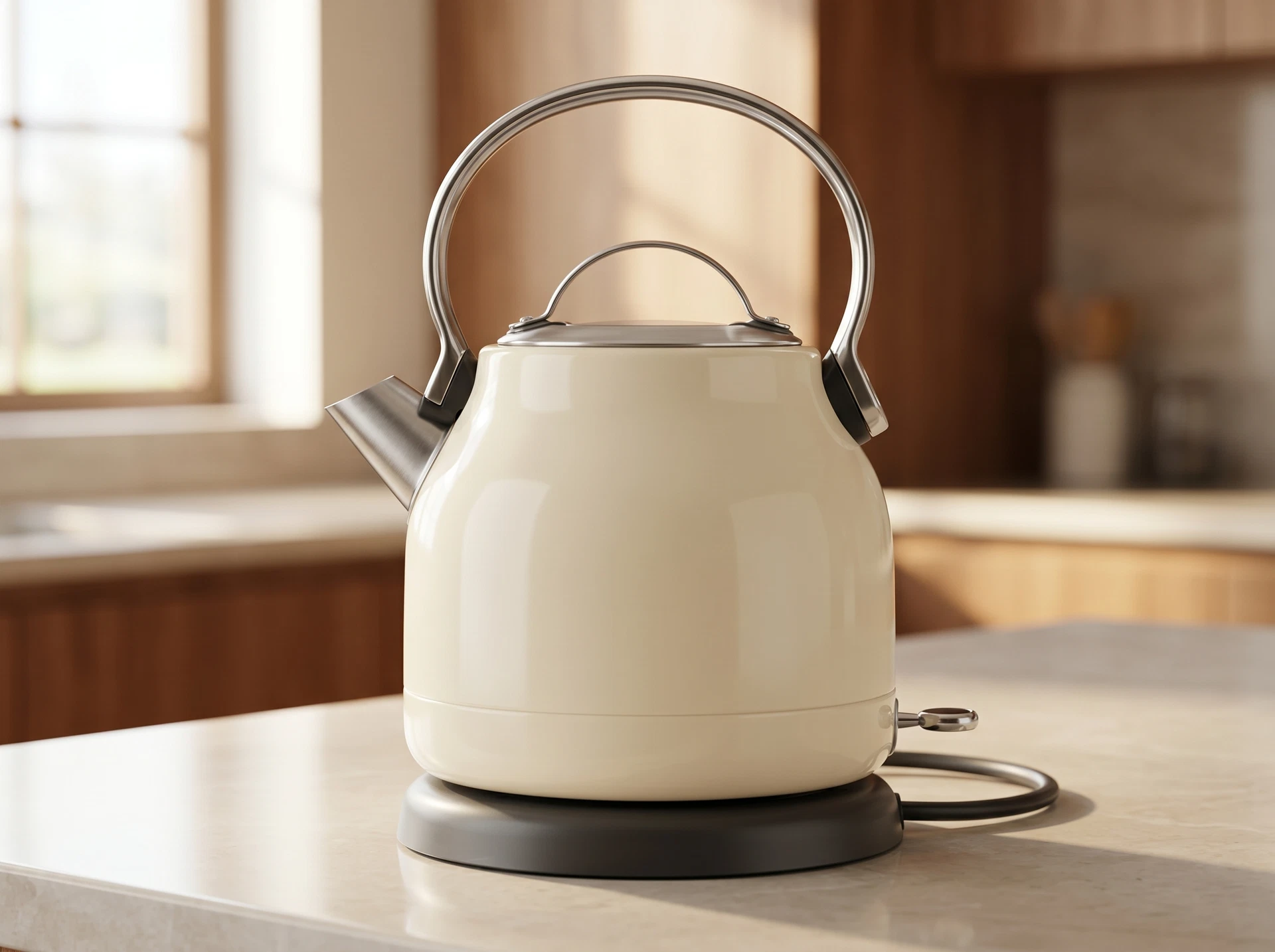 KitchenAid 5KEK1222EAC бежевый в интерьере кухни — компактный чайник на столешнице